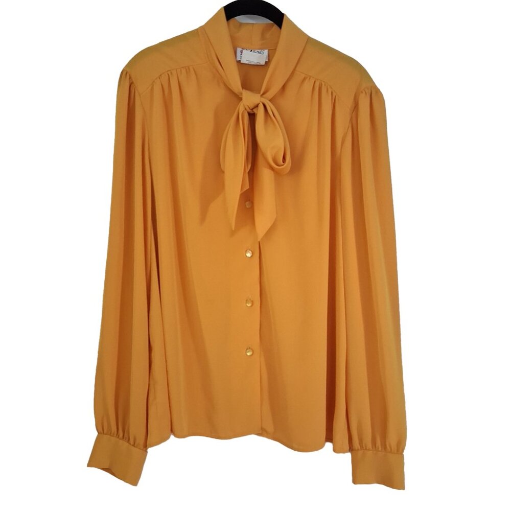 Secretary Tie-Neck Blouse Puffy Sleeve Vintage Goldenrod Flowy Bow Office 80s